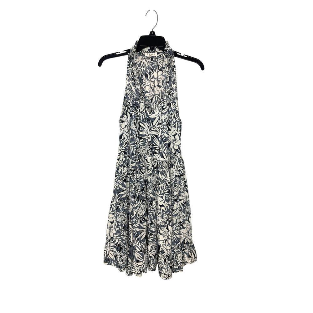 Paani Halter Tiered Dress Sz S Gray Cream Tropical Floral Tie Front Tassel Boho